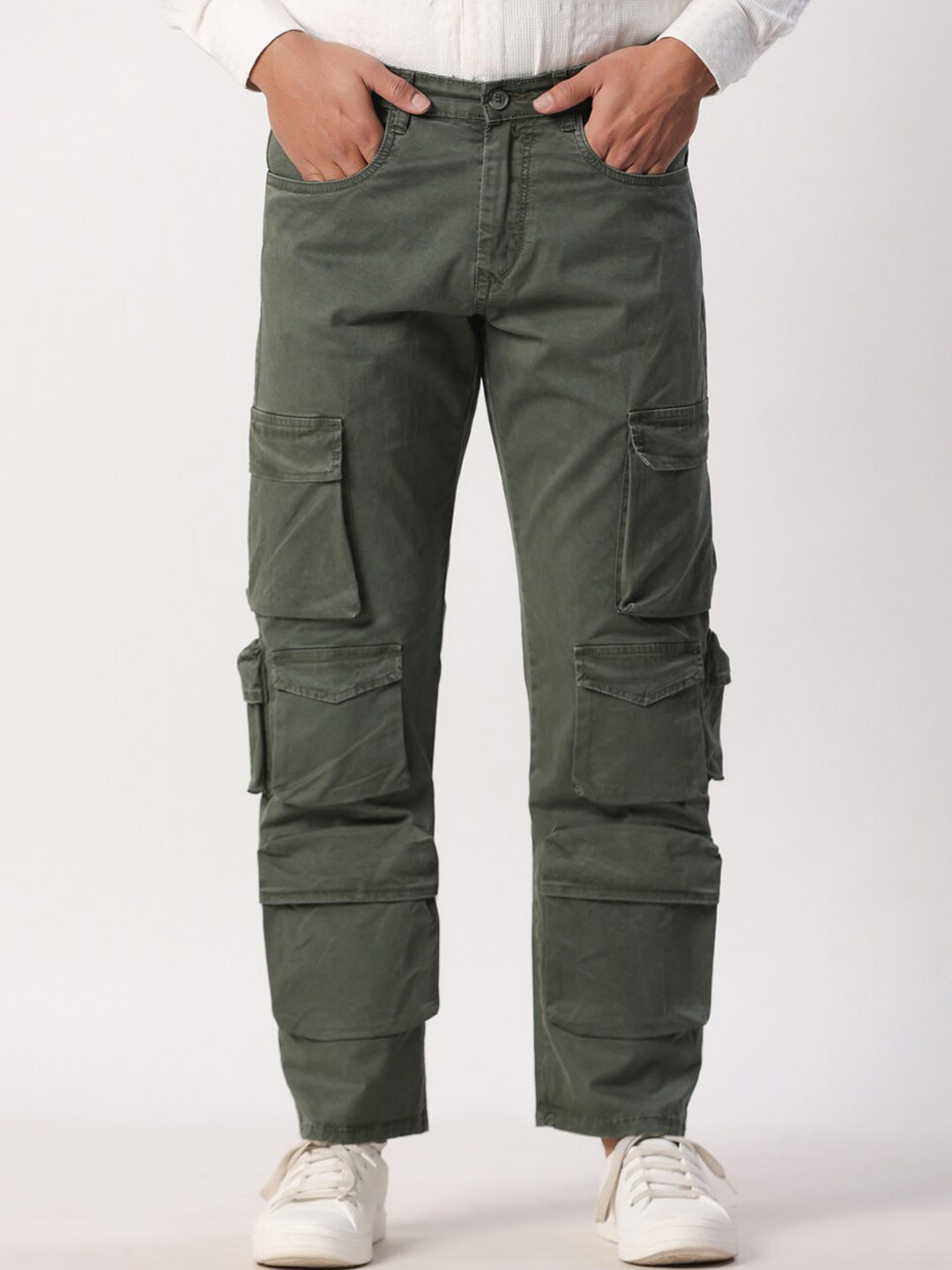 

Tistabene Men Straight Fit Mid-Rise Easy Wash Cotton Cargo Trousers, Green