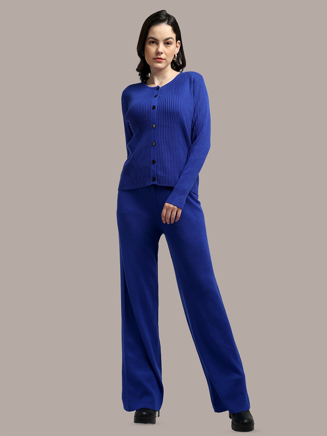 

iki chic Ribbed Round Neck Top & Trousers, Blue