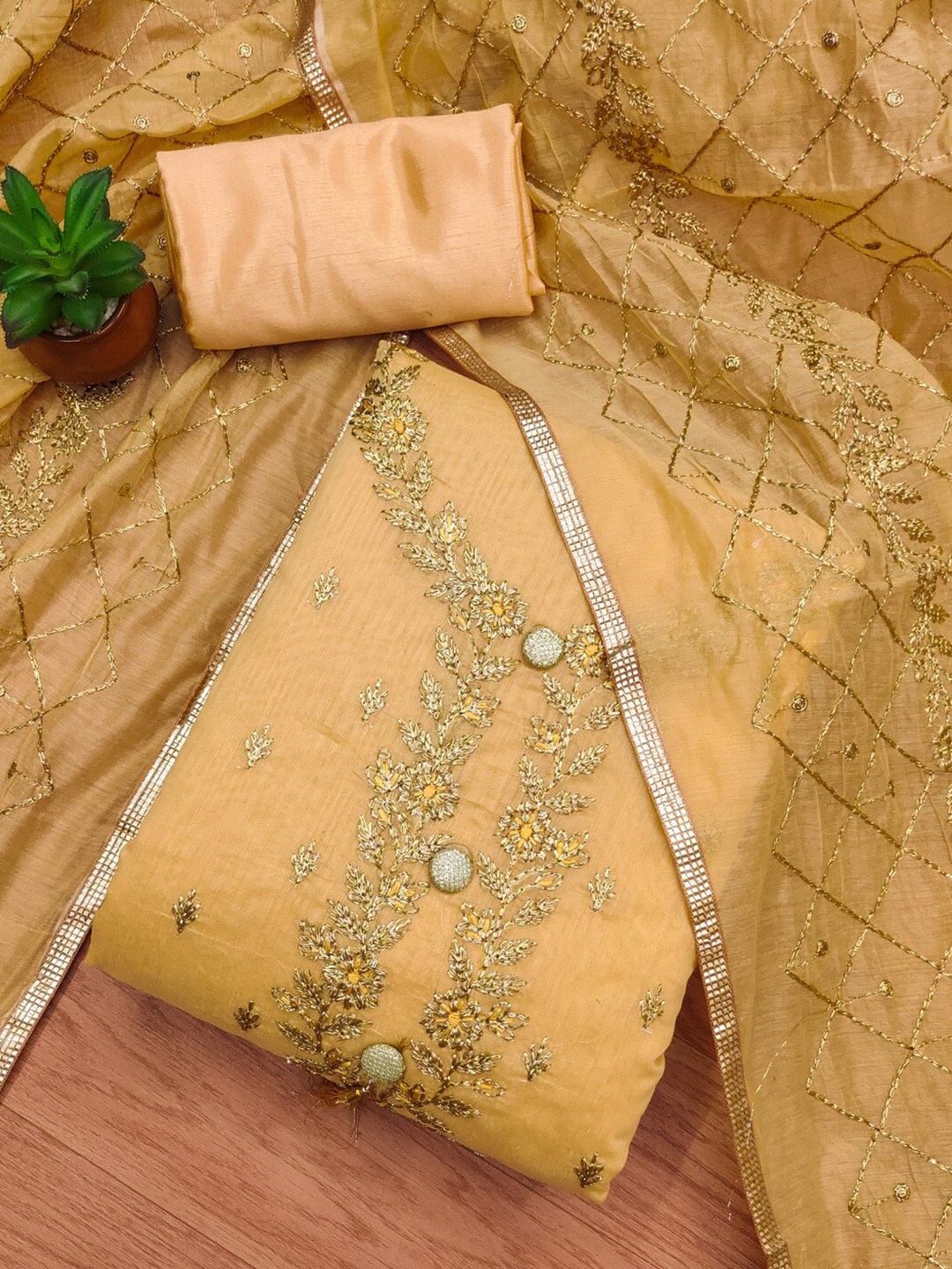 

Panzora Floral Embroidered Art Silk Unstitched Dress Material, Yellow