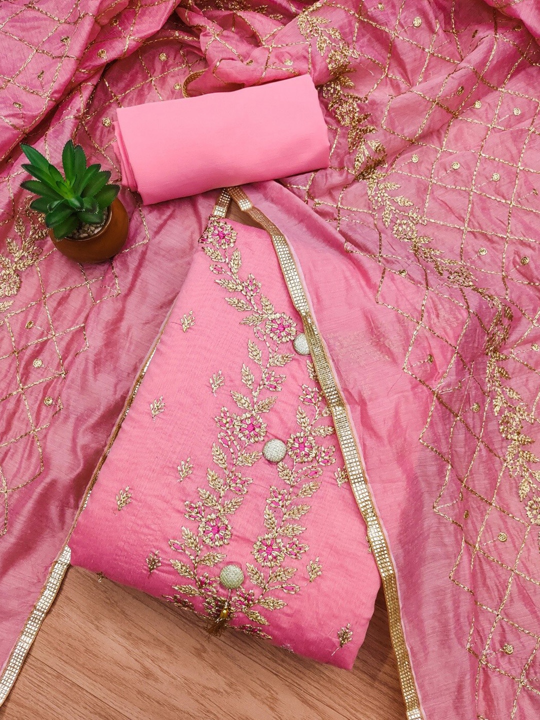 

Panzora Floral Embroidered Art Silk Unstitched Dress Material, Pink