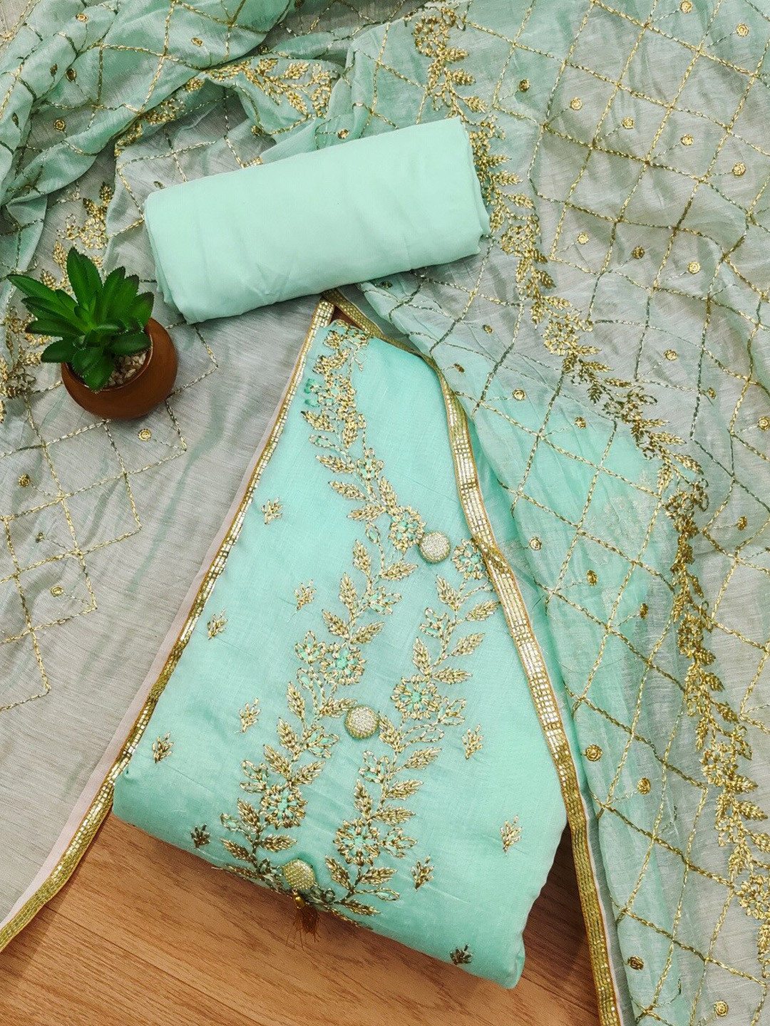 

Panzora Floral Embroidered Art Silk Unstitched Dress Material, Blue