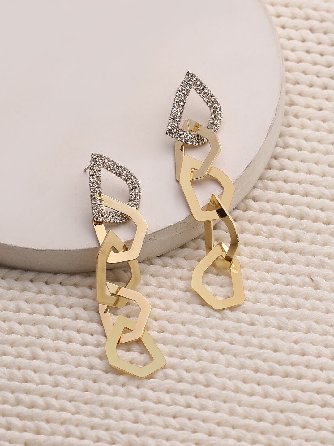 

DressBerry Gold-Plated Stone-Studded Contemporary Drop Earrings