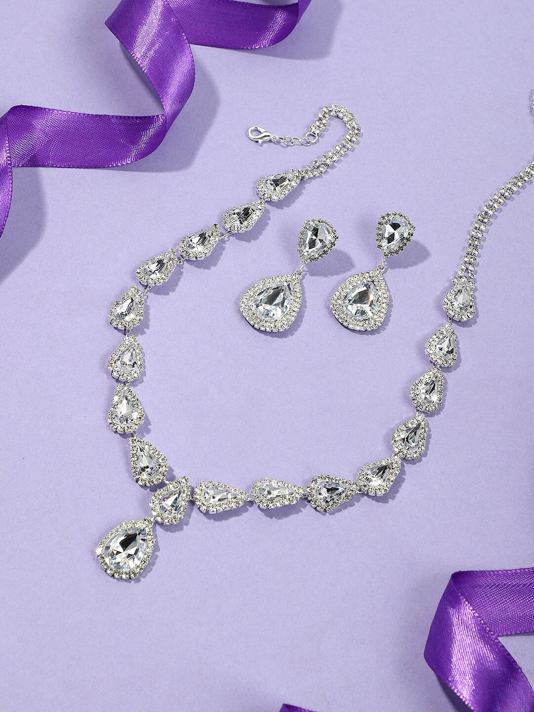 

DressBerry Silver-Plated Stone-Studded Necklace & Earrings