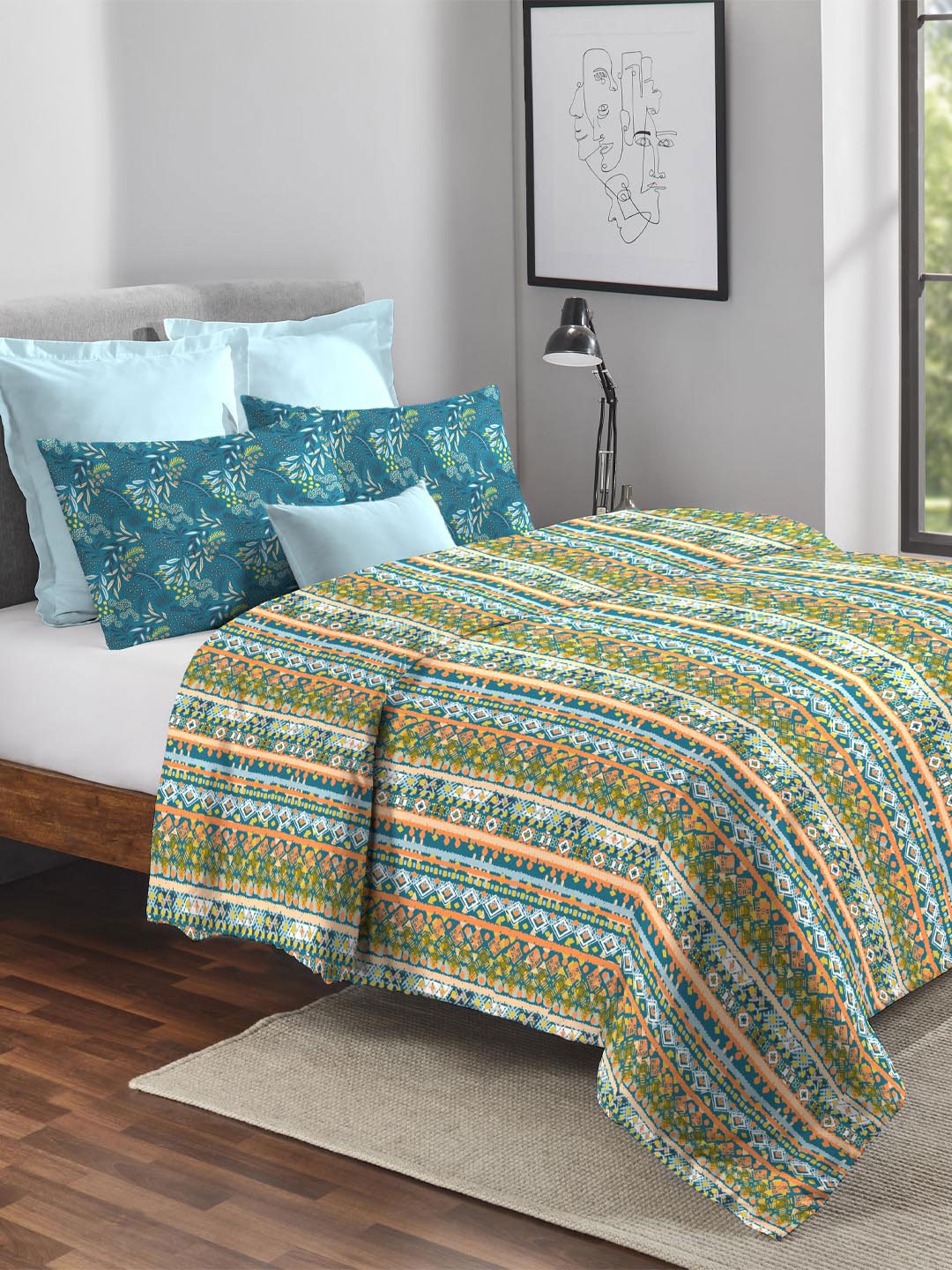 

MYTRIDENT Peach & Green Printed Cotton AC Room 120 GSM Double Bed Comforter
