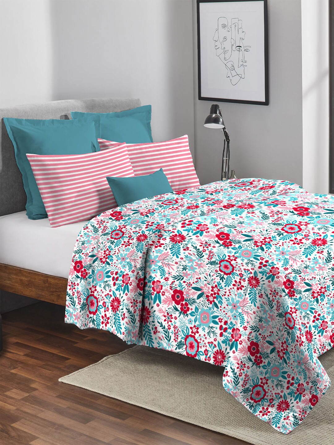 

MYTRIDENT White & Red Floral AC Room 120 GSM Cotton Single Bed Comforter