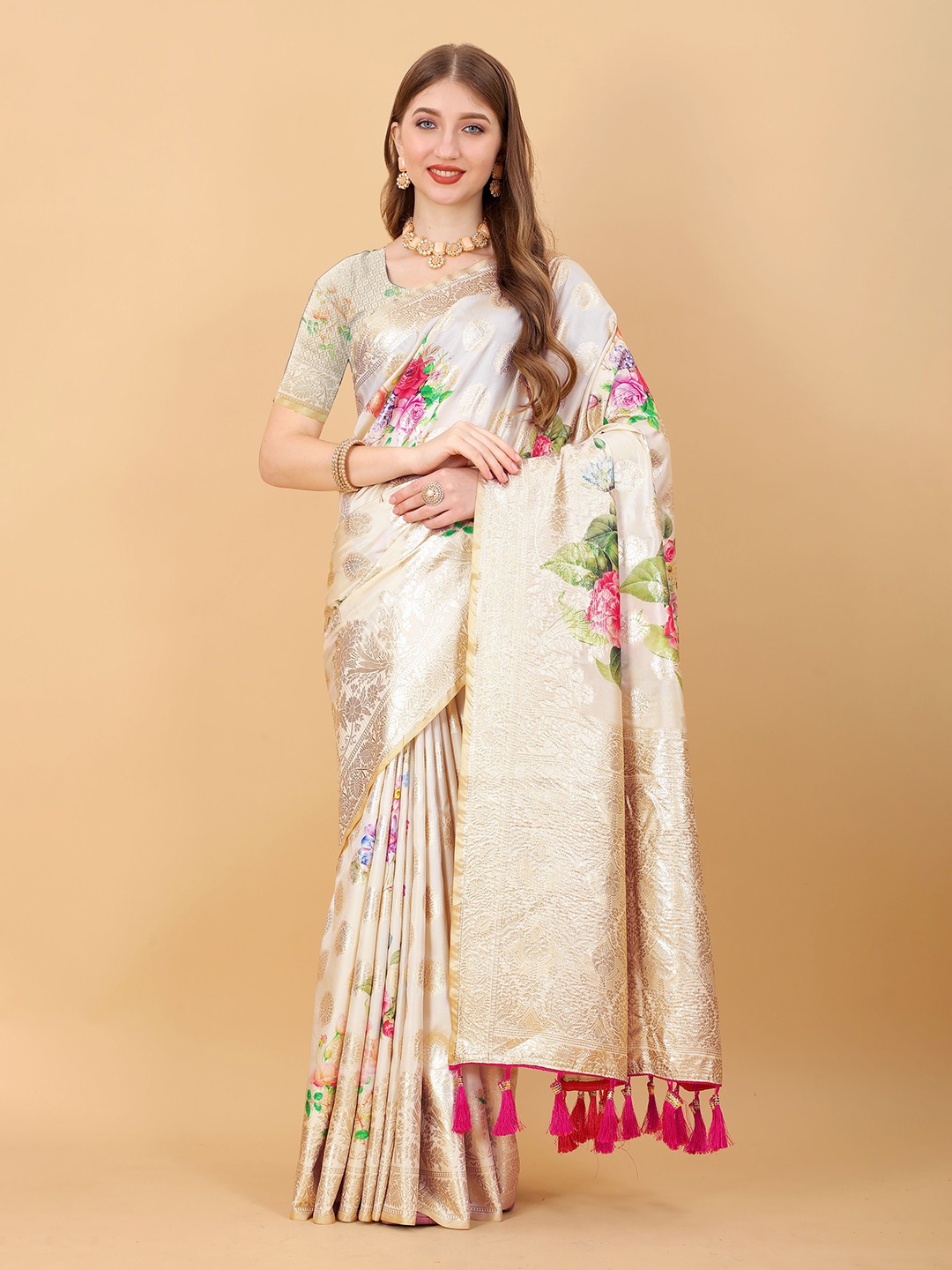 

NIWAA Floral Zari Pure Silk Mysore Silk Saree, Cream