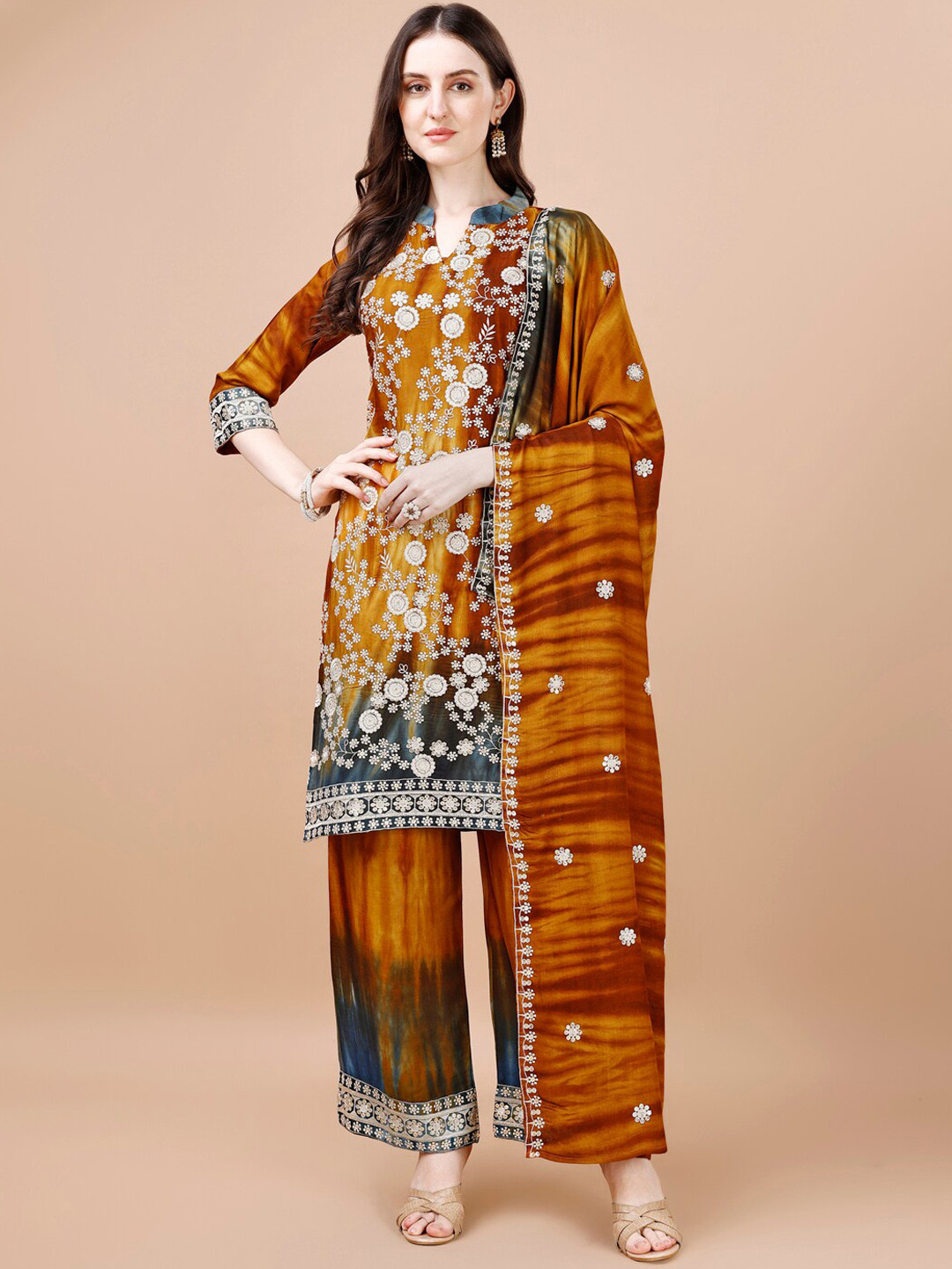 

KALINI Ethnic Motifs Embroidered Regular Kurta with Palazzos & With Dupatta, Orange