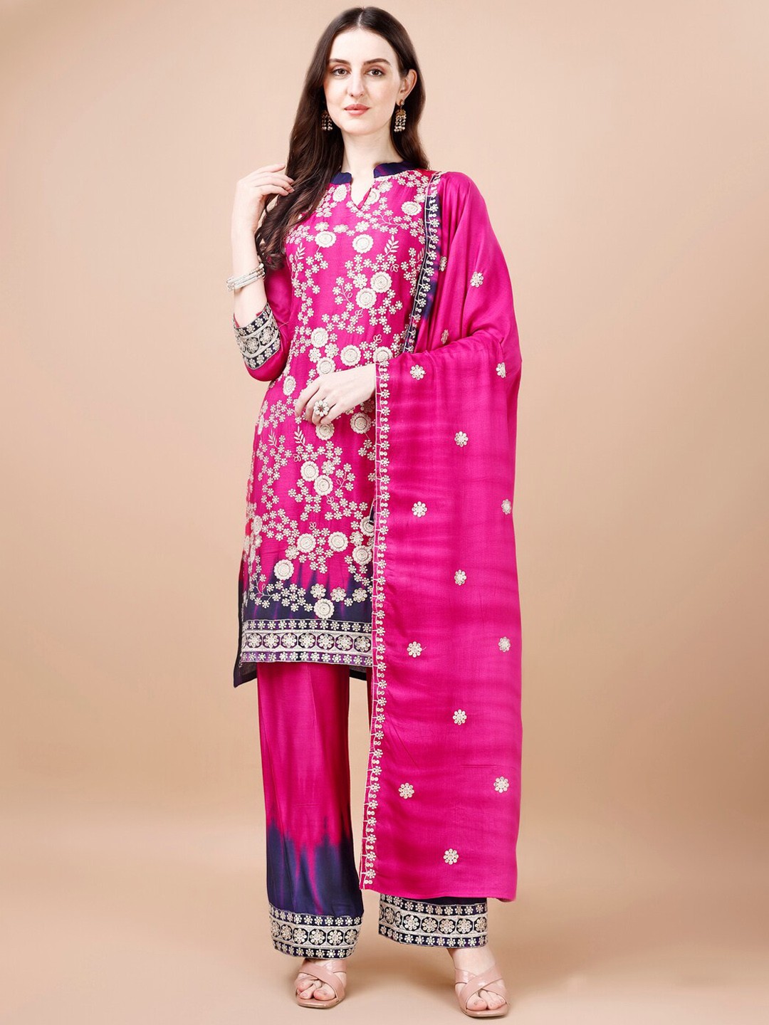 

KALINI Ethnic Motifs Embroidered Regular Kurta with Palazzos & With Dupatta, Pink