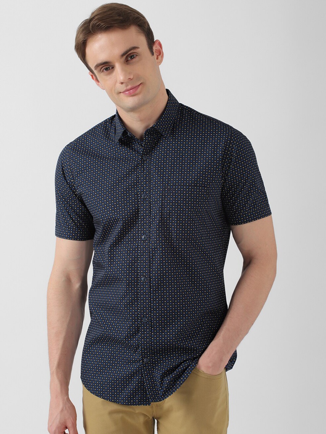 

Peter England Casuals Slim Fit Micro Ditsy Printed Cotton Casual Shirt, Navy blue