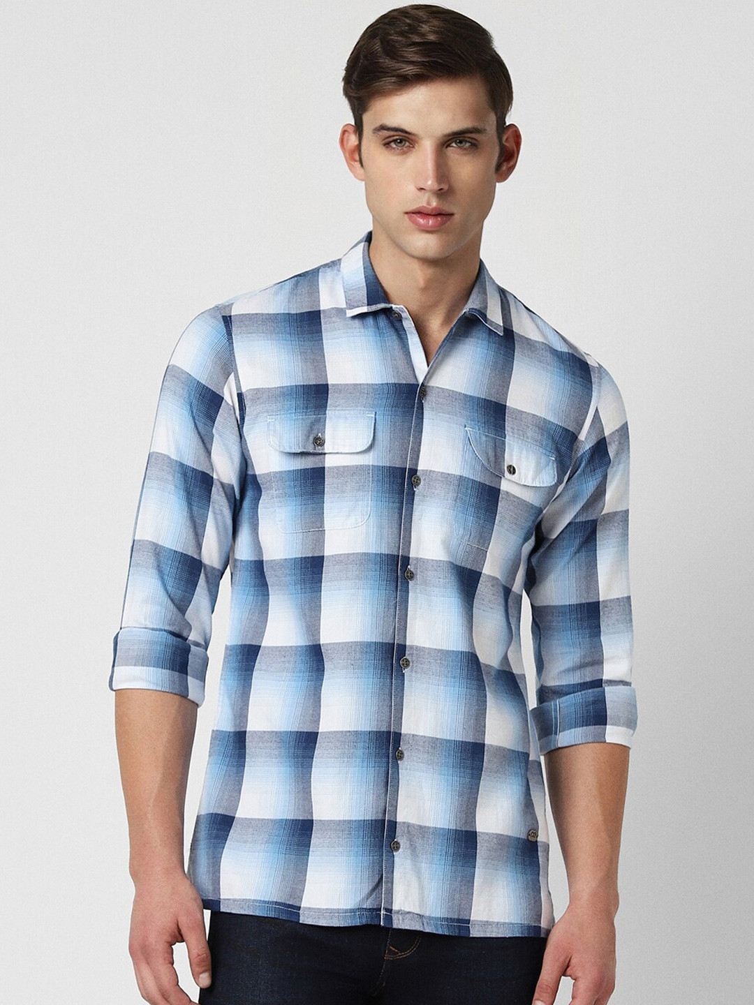 

Peter England Casuals Slim Fit Buffalo Checks Spread Collar Cotton Casual Shirt, Blue