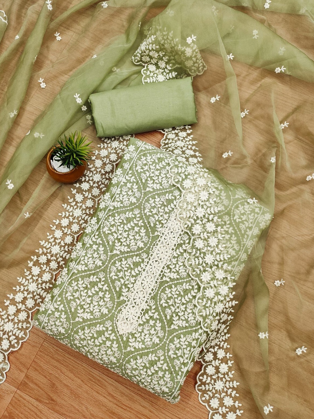 

Panzora Ethnic Motifs Embroidered Art Silk Unstitched Dress Material, Green