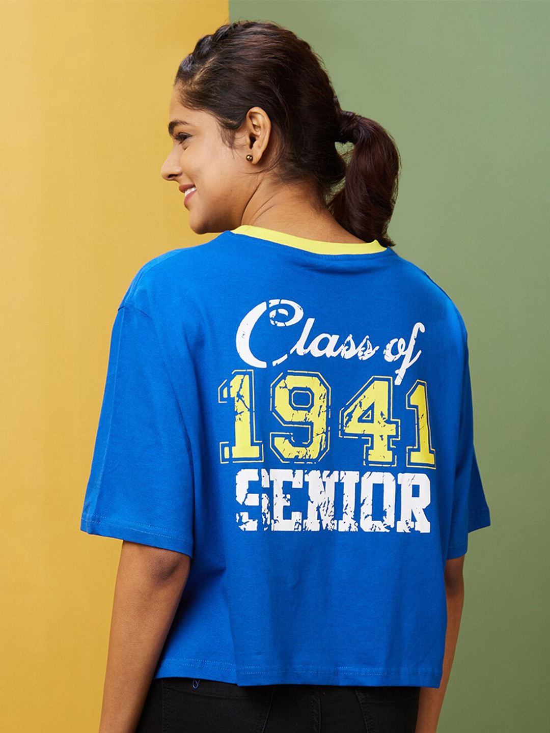 

Globus Blue Typography Printed Drop-Shoulder Sleeves Pure Cotton Boxy Crop T-shirt
