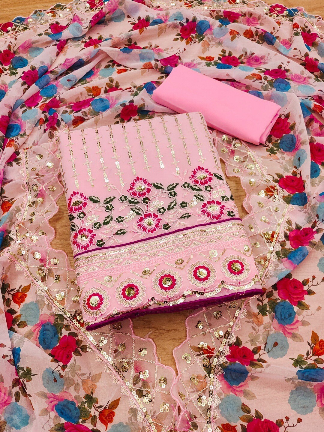 Panzora Embroidered Unstitched Dress Material, Pink