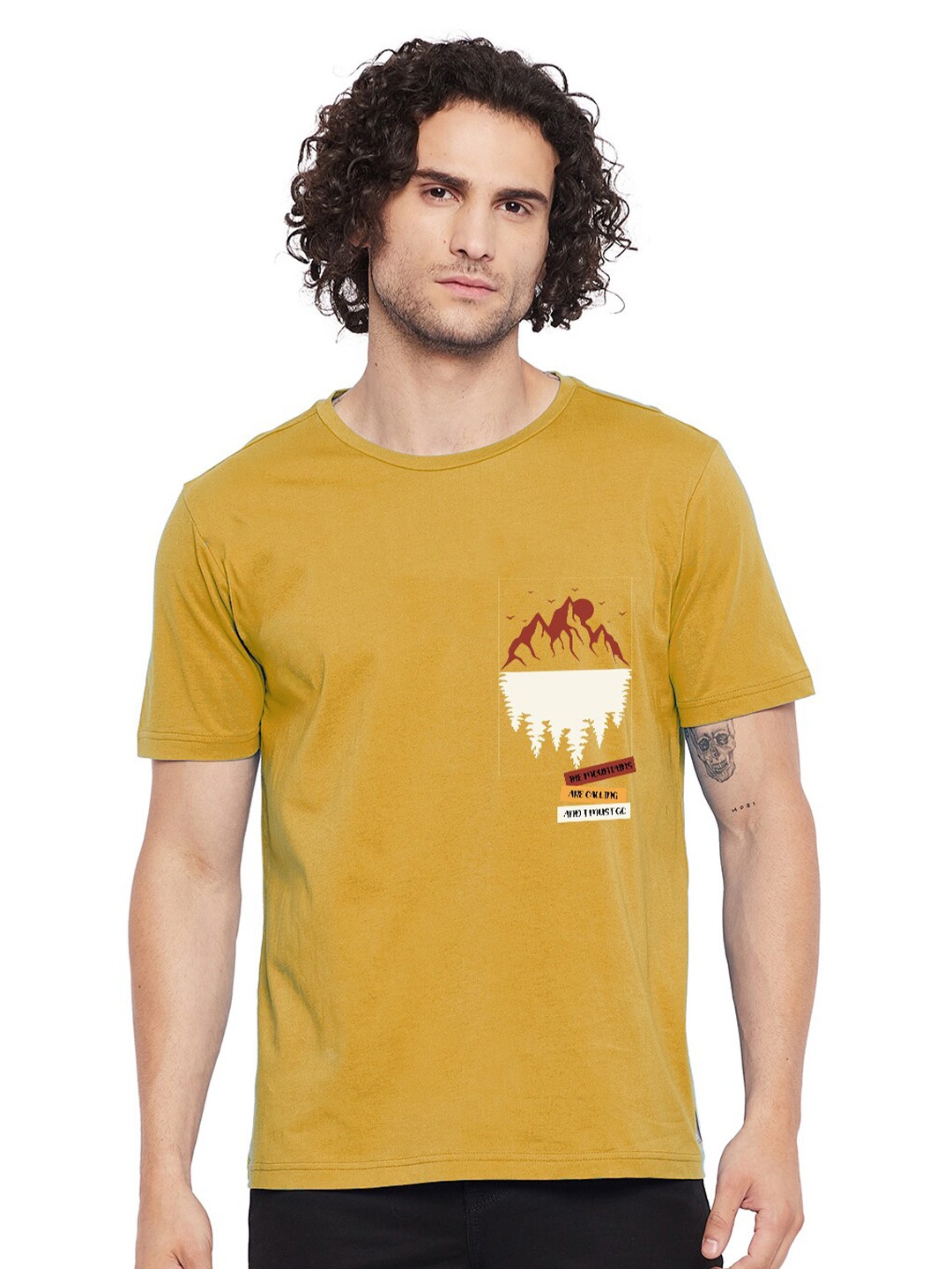 

URKNIT Round Neck Cotton T-shirt, Mustard