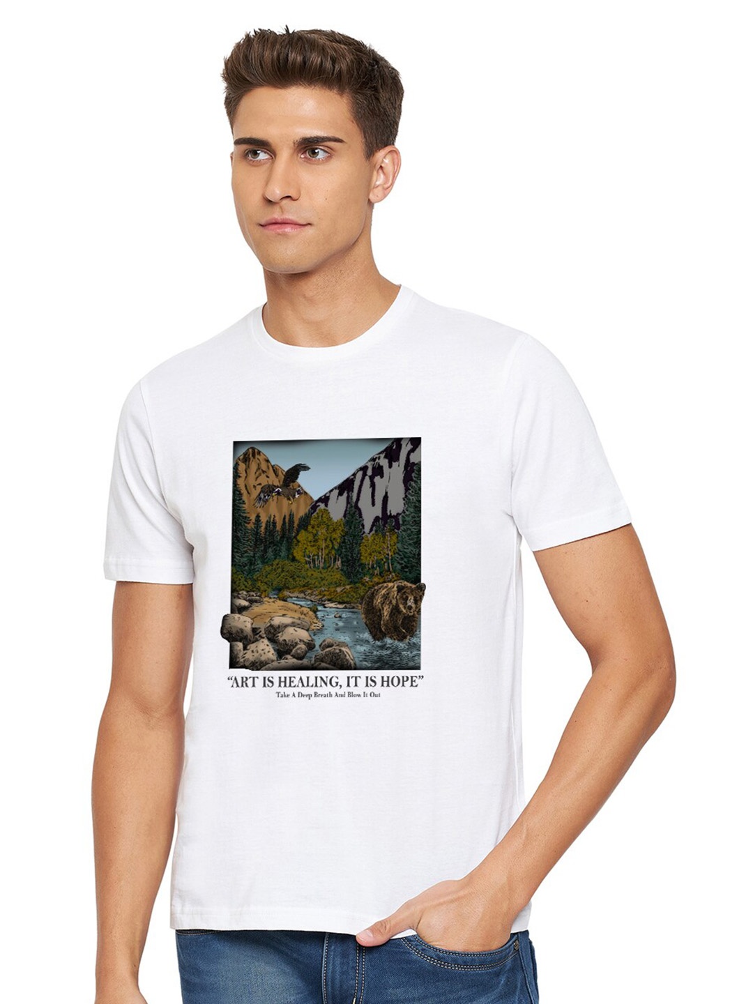 

URKNIT Graphic Printed Round Neck Cotton T-shirt, White