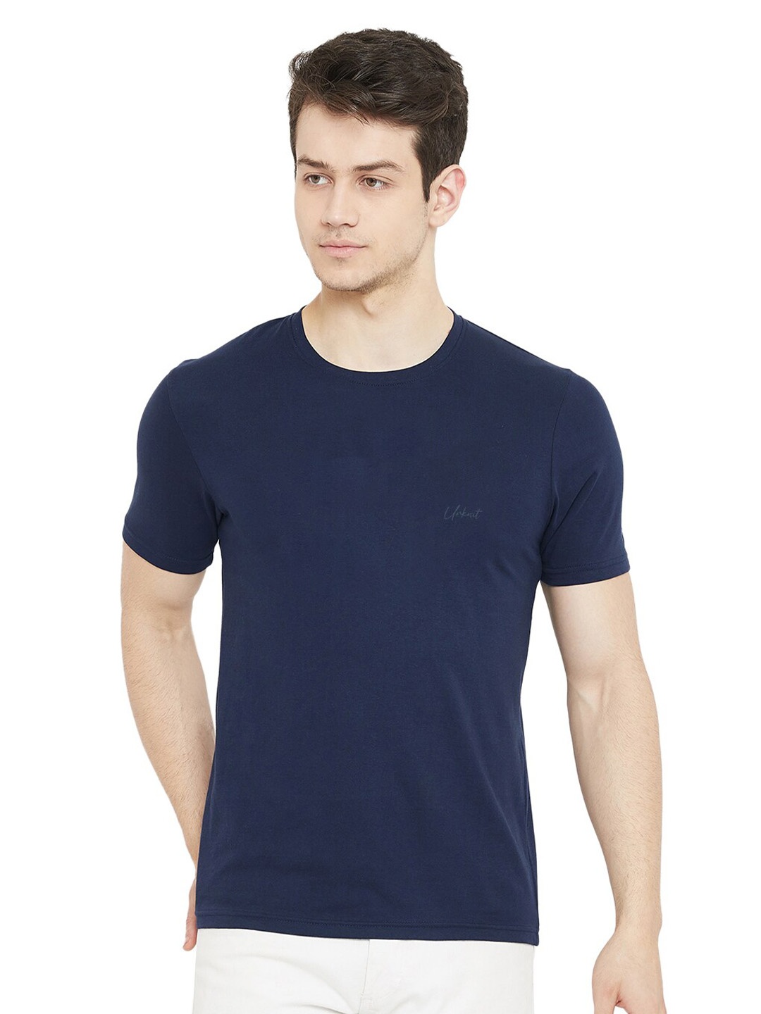 

URKNIT Round Neck Cotton T-shirt, Navy blue