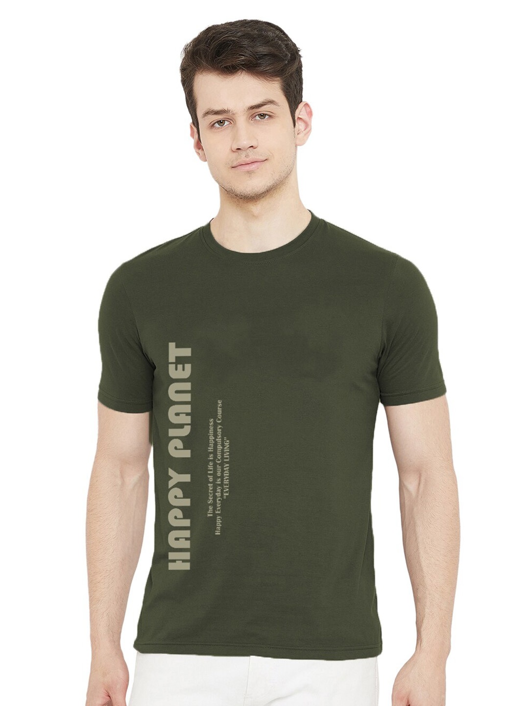 

URKNIT Typography Printed Round Neck Cotton T-shirt, Olive