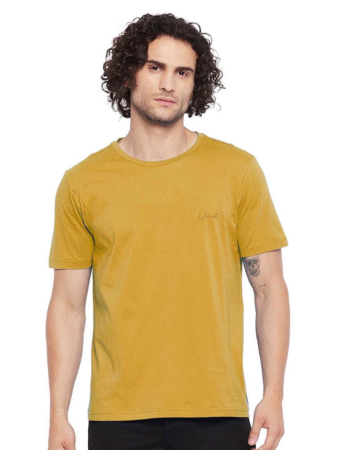 

URKNIT Round Neck Cotton T-shirt, Mustard