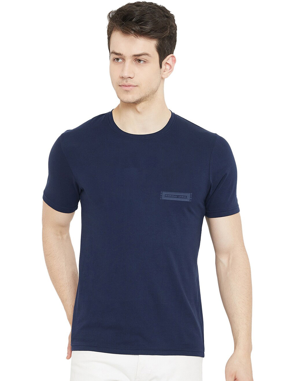 

URKNIT Round Neck Cotton T-shirt, Navy blue