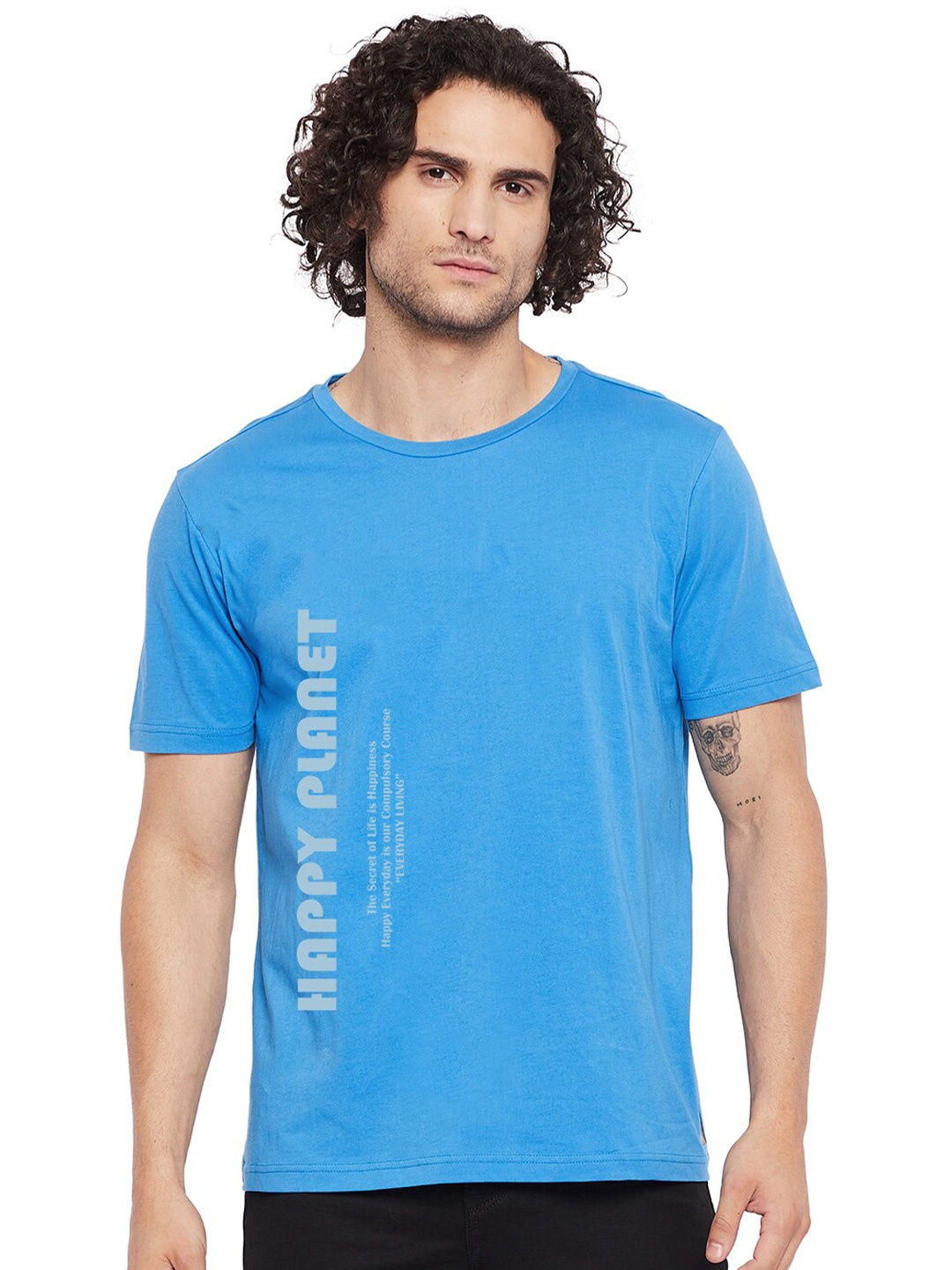 

URKNIT Typography Printed Round Neck Cotton T-shirt, Blue