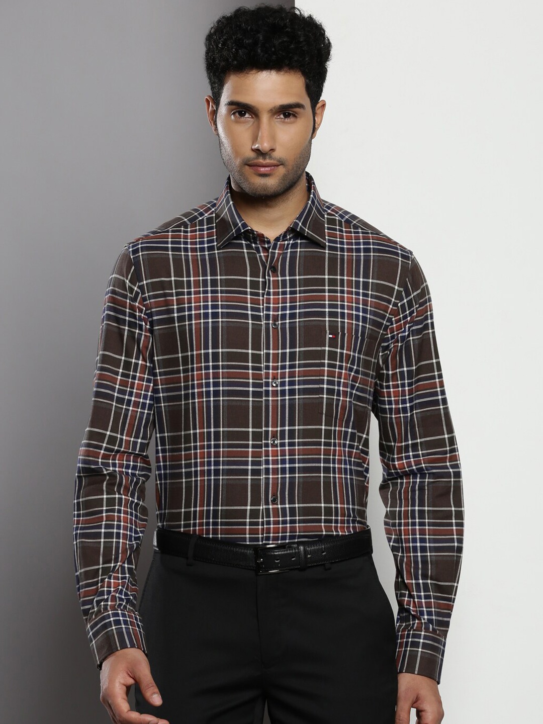 

Tommy Hilfiger Standard Tartan Checks Pure Cotton Formal Shirt, Olive
