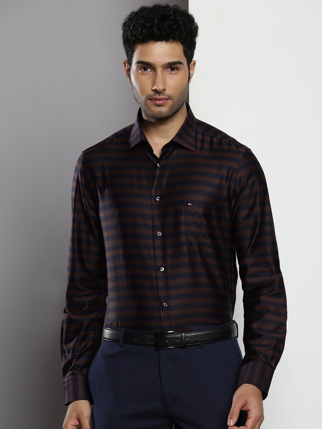 

Tommy Hilfiger Standard Striped Pure Cotton Formal Shirt, Brown