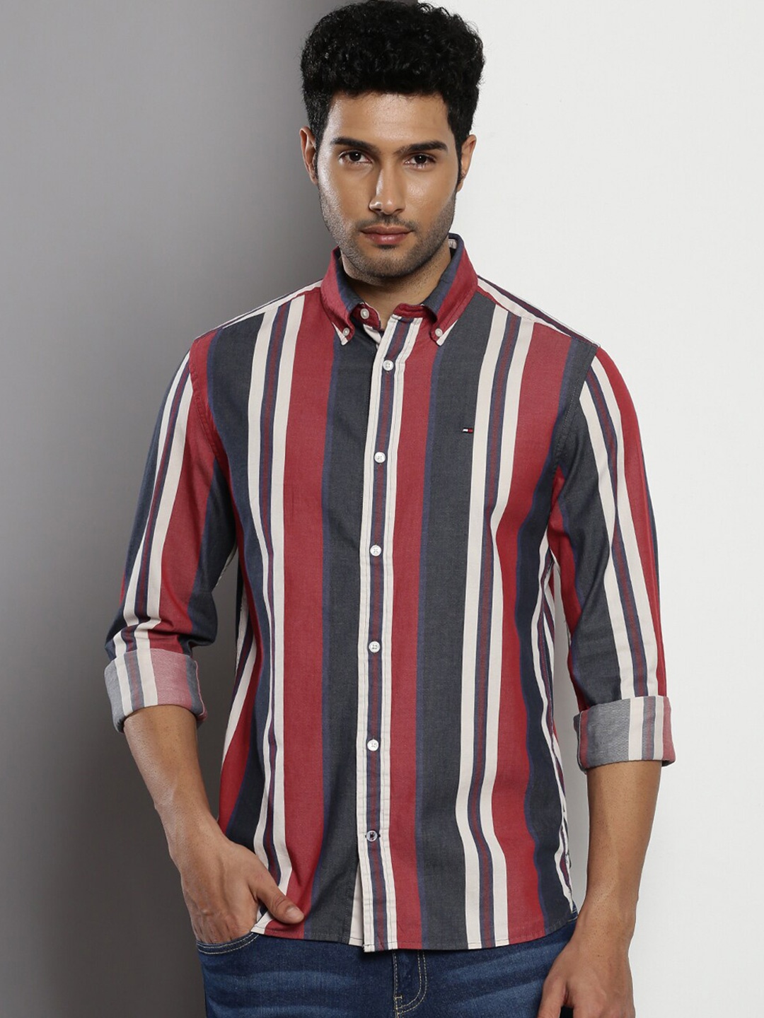 

Tommy Hilfiger Standard Striped Pure Cotton Casual Shirt, Red