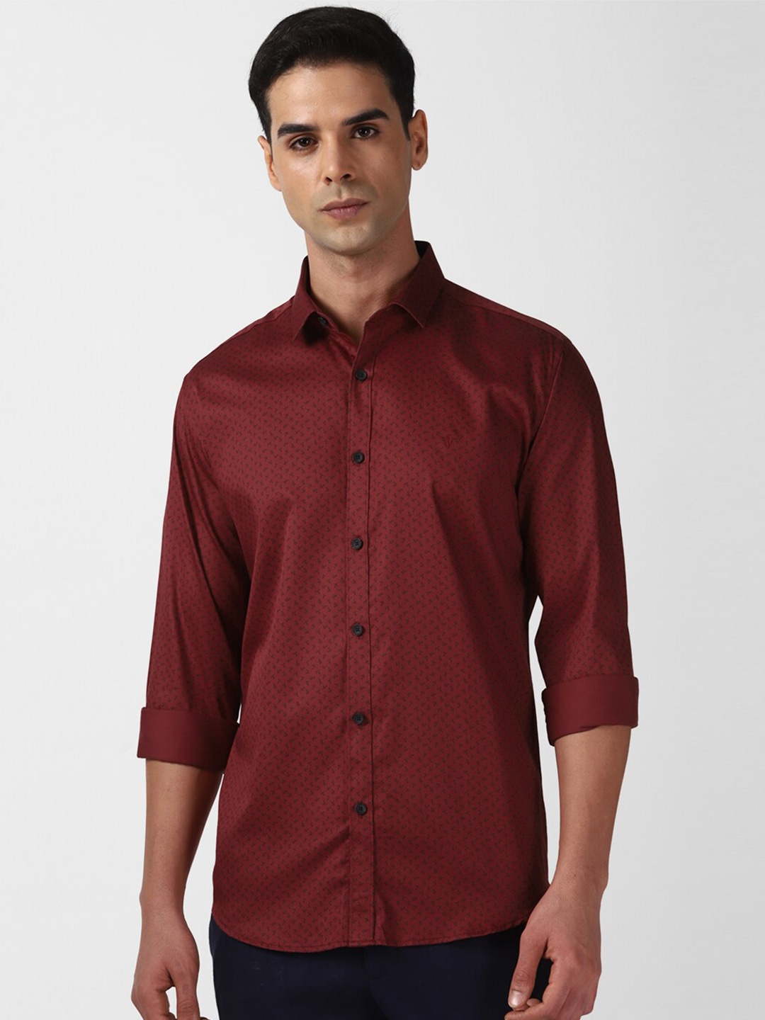 

V Dot Slim Fit Micro Ditsy Printed Pure Cotton Casual Shirt, Maroon