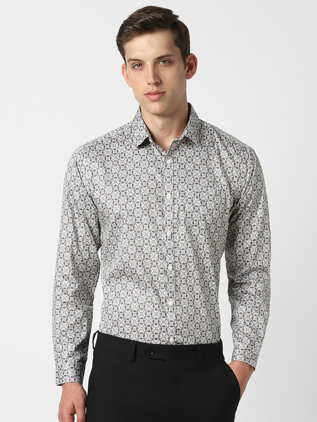 

V Dot Slim Fit Floral Printed Formal Shirt, Grey