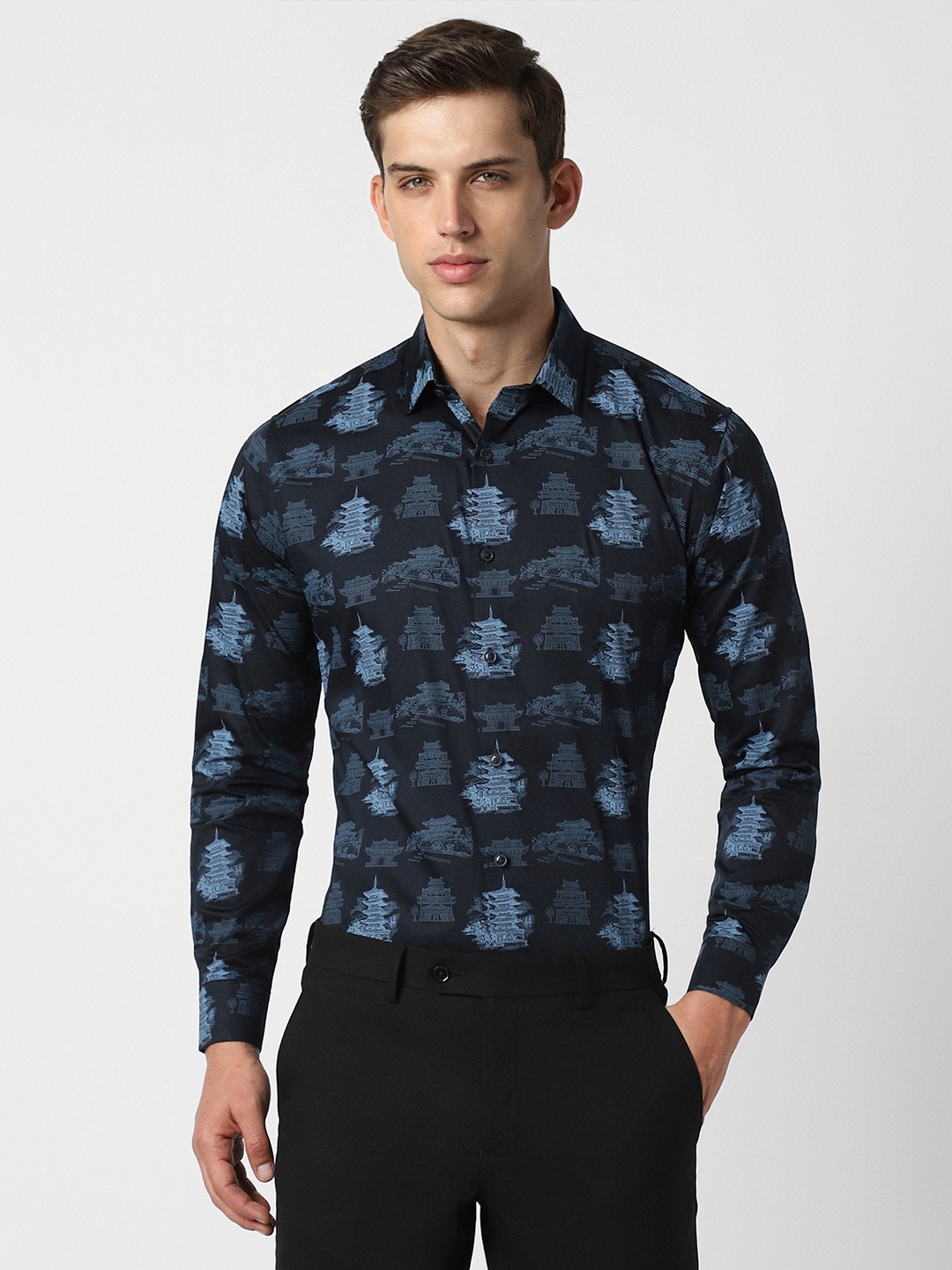 

V Dot Slim Fit Graphic Printed Pure Cotton Formal Shirt, Navy blue