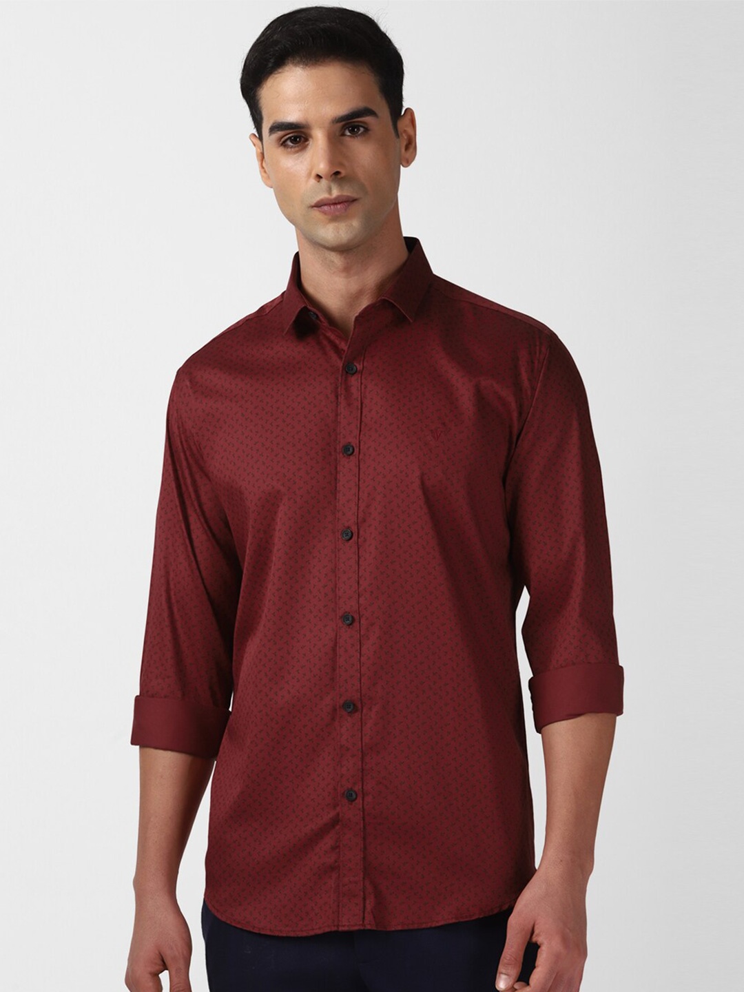 

V Dot Slim Fit Micro Ditsy Printed Pure Cotton Casual Shirt, Maroon