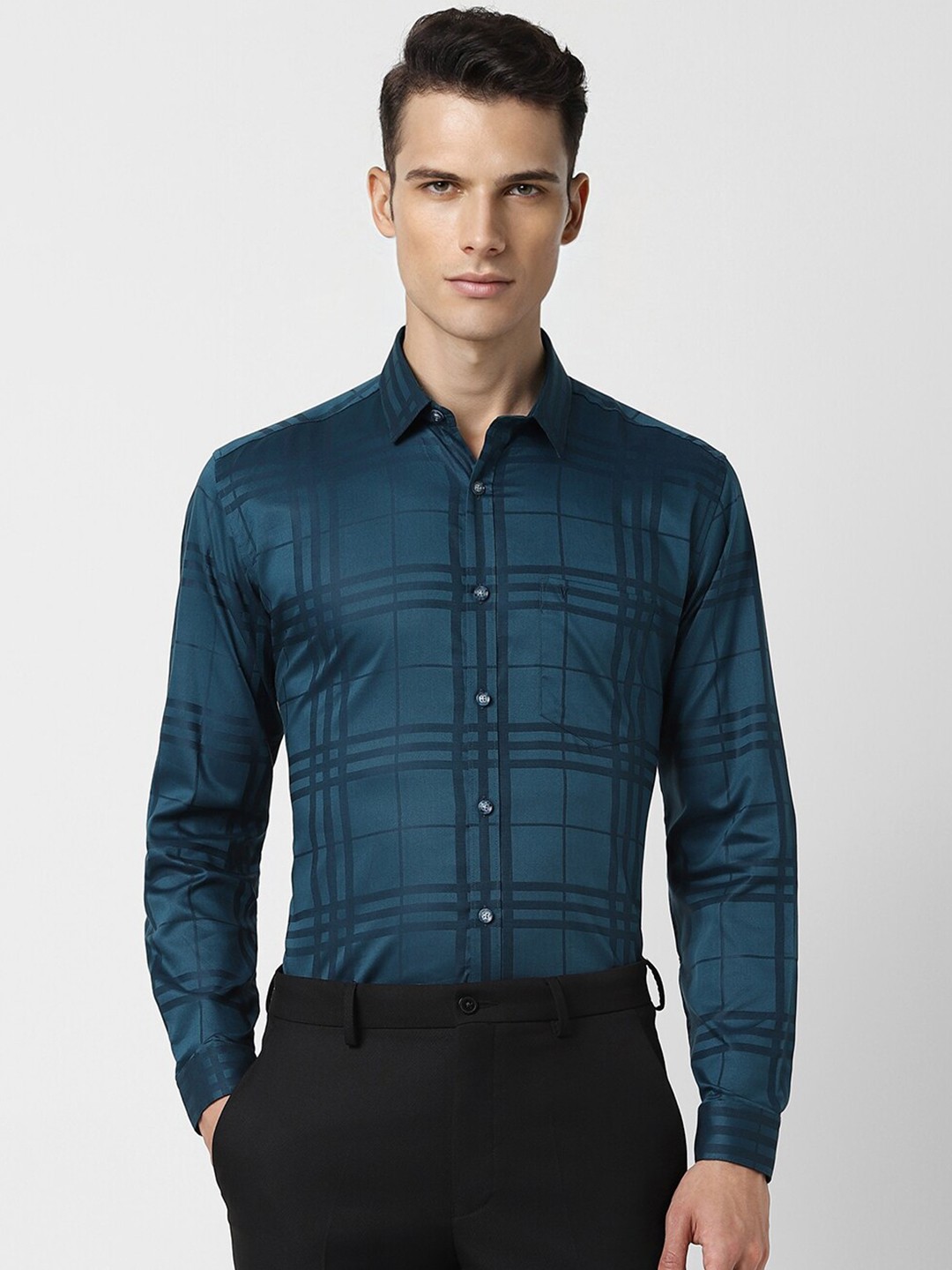 

V Dot Slim Fit Checked Formal Shirt, Blue