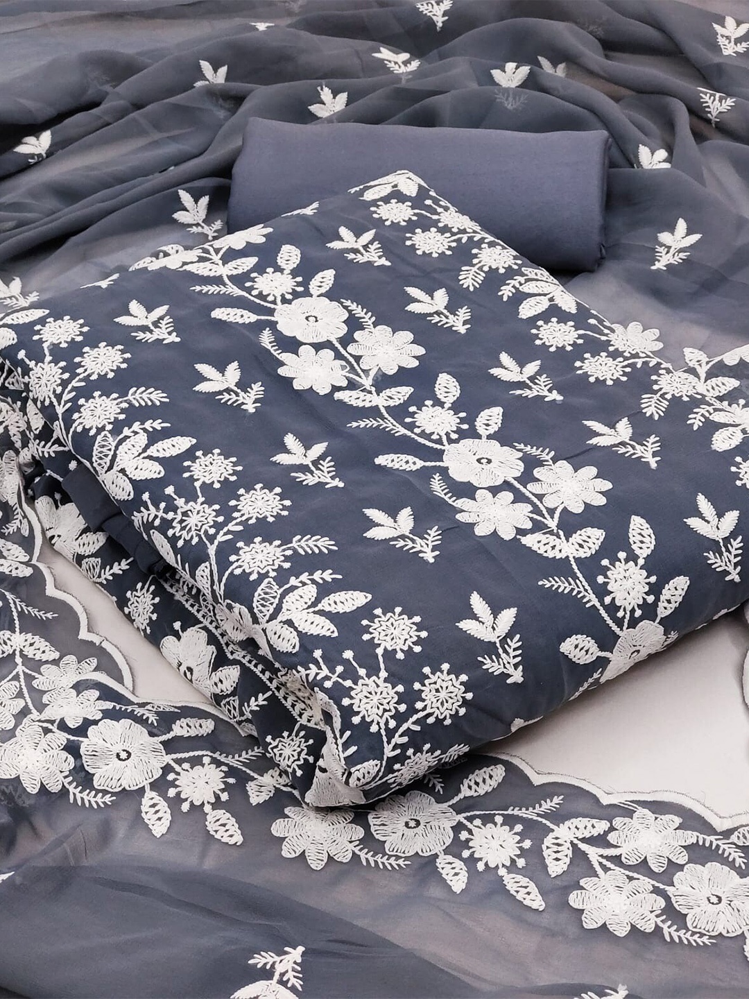 

Panzora Floral Embroidered Unstitched Dress Material, Grey
