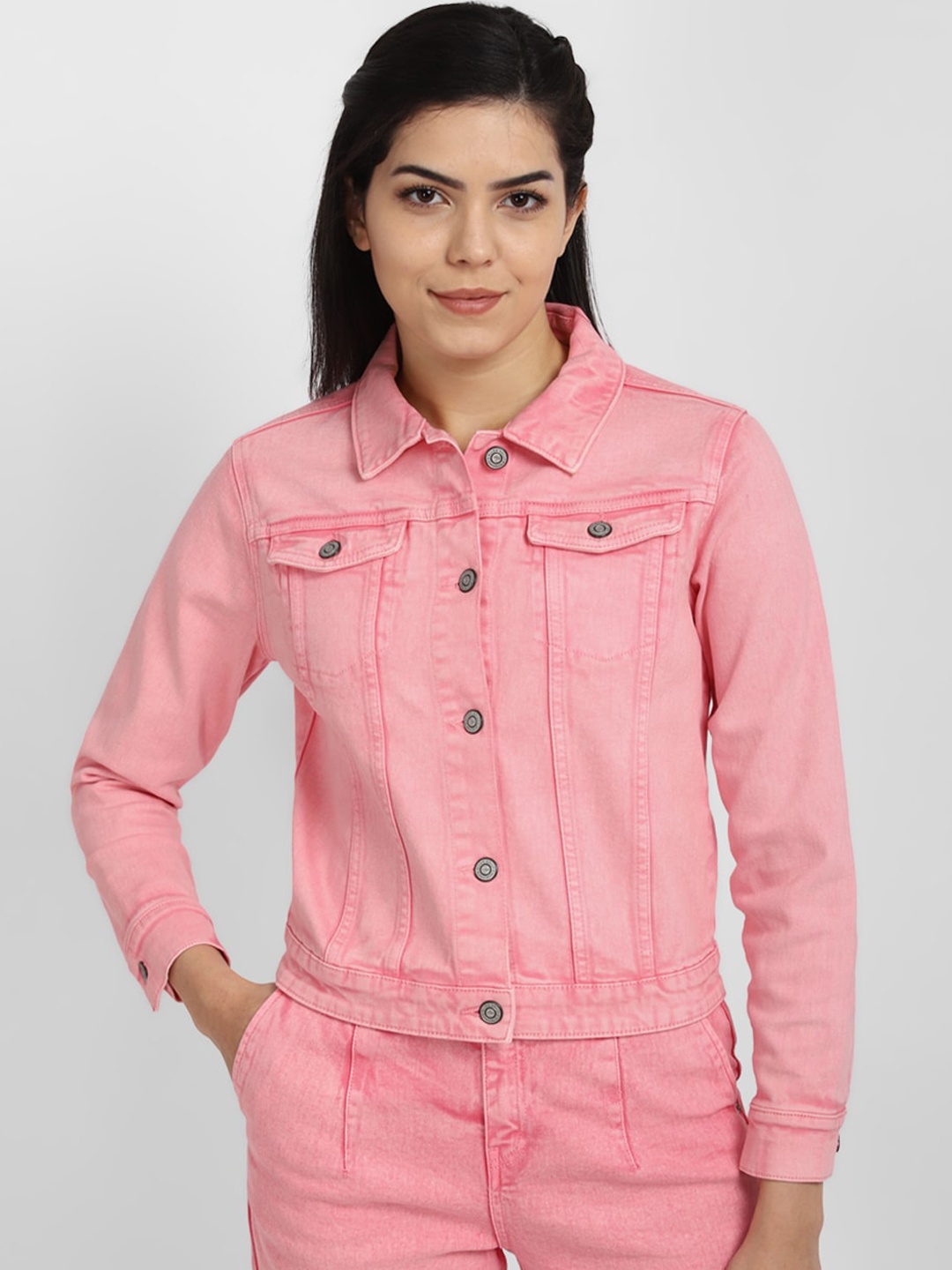 

Allen Solly Woman Spread Collar Denim Jacket, Pink