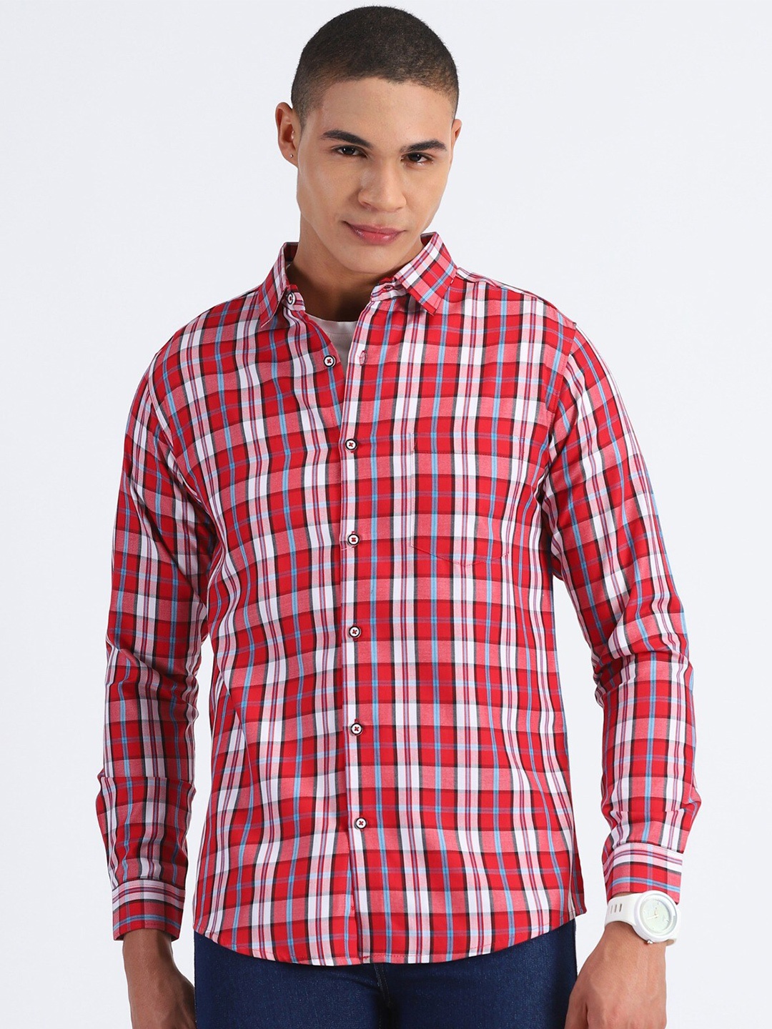 

MISCHIEF MONKEY Classic Tailored Fit Tartan Checks Spread Collar Cotton Casual Shirt, Red