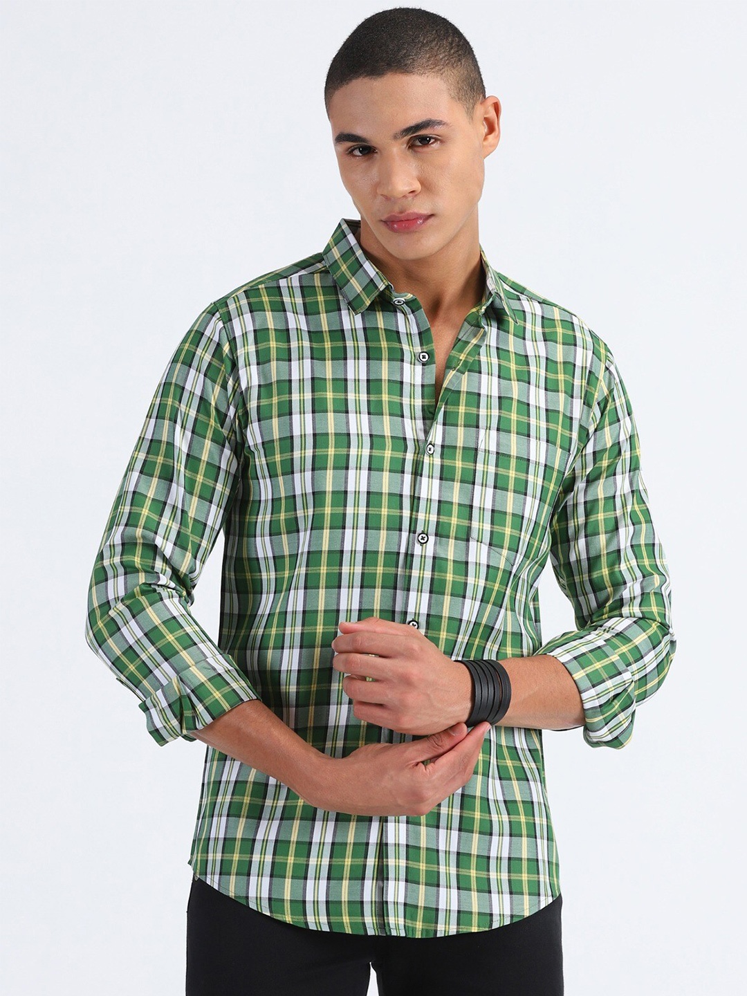 

MISCHIEF MONKEY Classic Tailored Fit Tartan Checks Checked Casual Shirt, Green