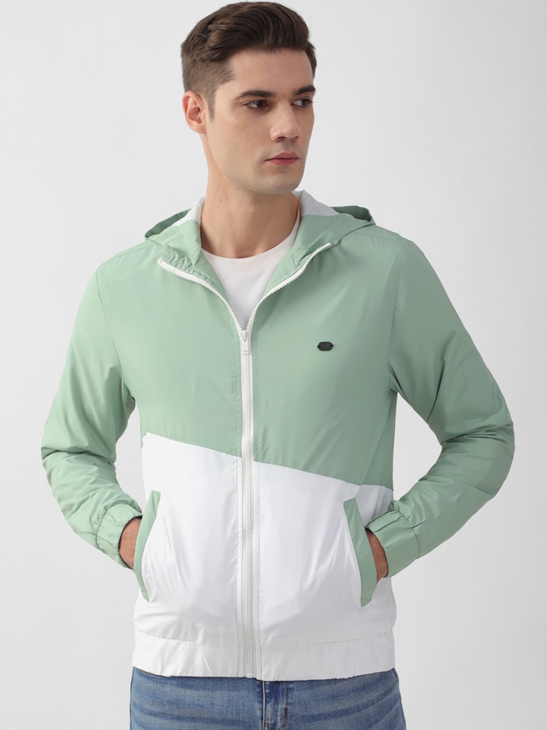 

Peter England Casuals Colourblocked Hooded Sporty Jacket, Green