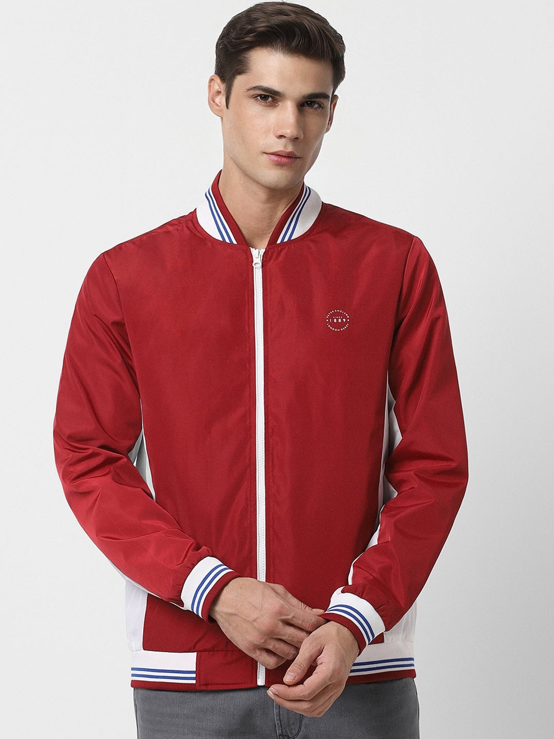 

Peter England Casuals Stand Collar Bomber Jacket, Red