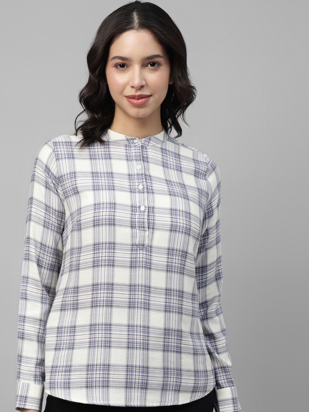 

Hancock Checked Mandarin Collar Pure Cotton Shirt Style Top, Beige