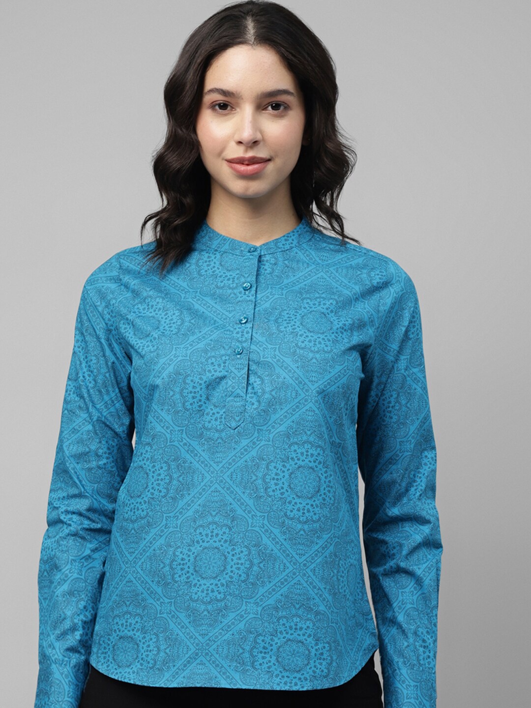 

Hancock Ethnic Motifs Printed Mandarin Collar Cotton Shirt Style Top, Blue
