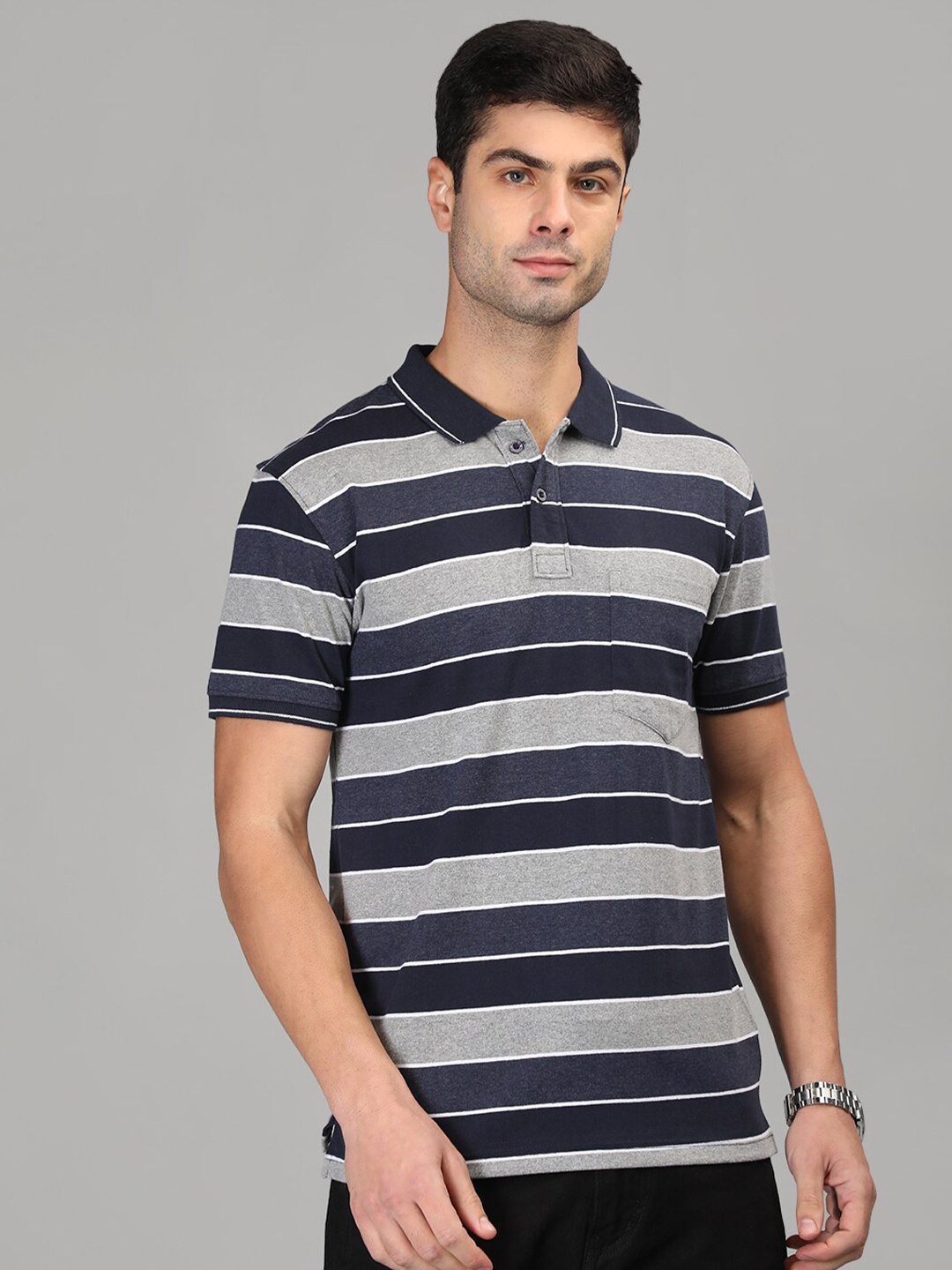 

CHKOKKO Striped Polo Collar Cotton T-shirt, Navy blue