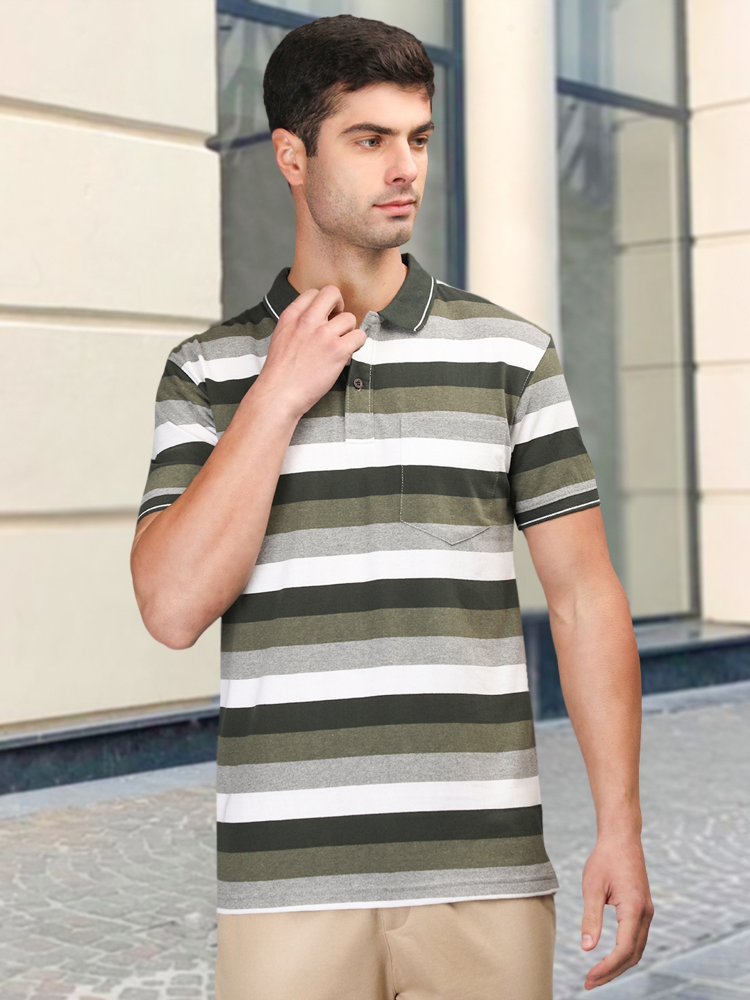 

CHKOKKO Striped Polo Collar Cotton T-shirt, Green