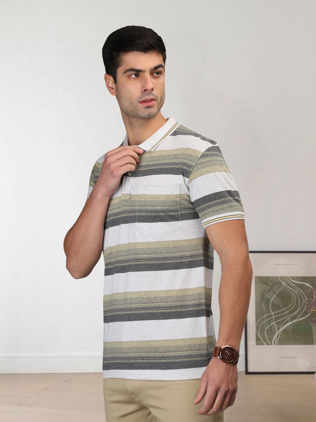 

CHKOKKO Striped Polo Collar Cotton T-shirt, Yellow