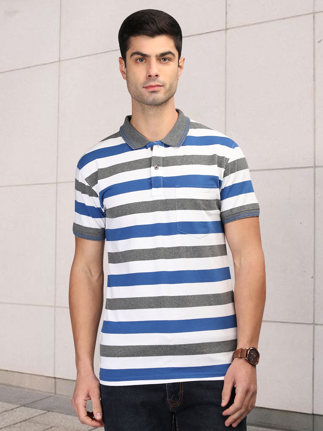

CHKOKKO Striped Polo Collar Cotton T-shirt, Blue