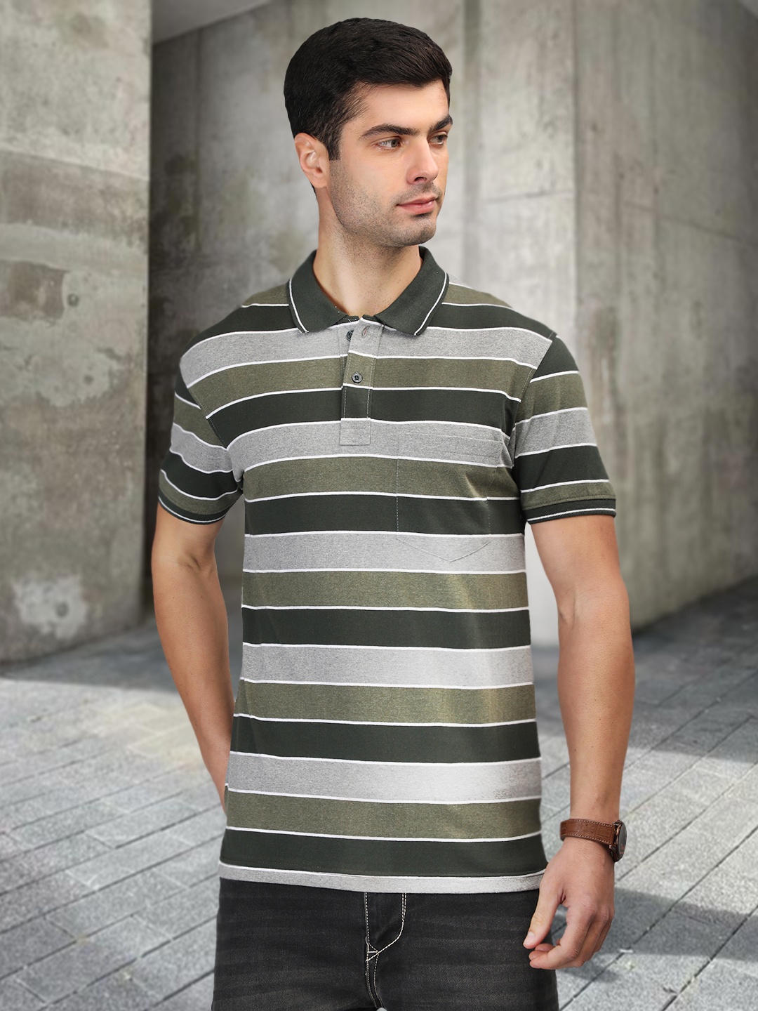 

CHKOKKO Striped Polo Collar Cotton T-shirt, Green