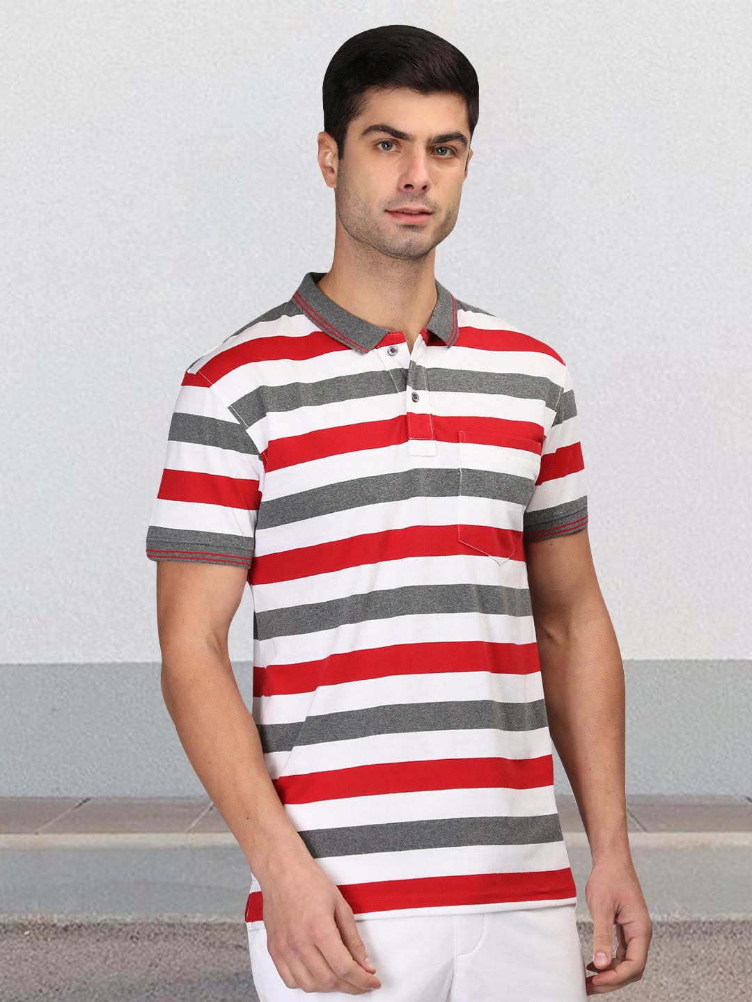 

CHKOKKO Striped Polo Collar Cotton T-shirt, White