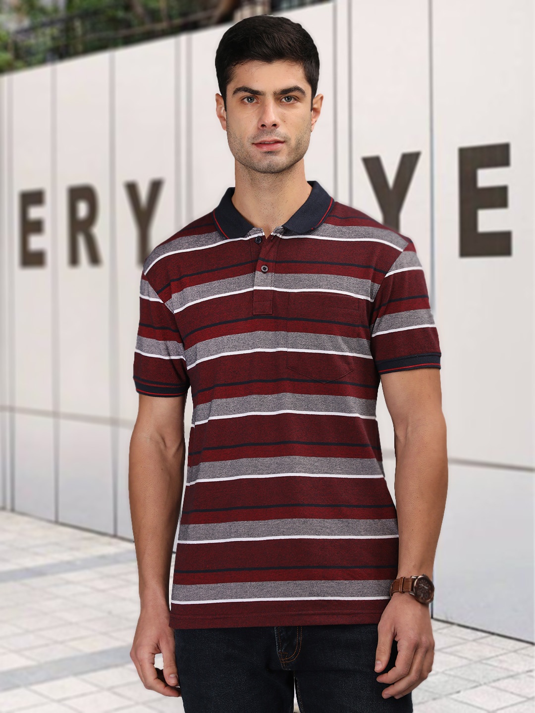 

CHKOKKO Striped Polo Collar Cotton T-shirt, Maroon