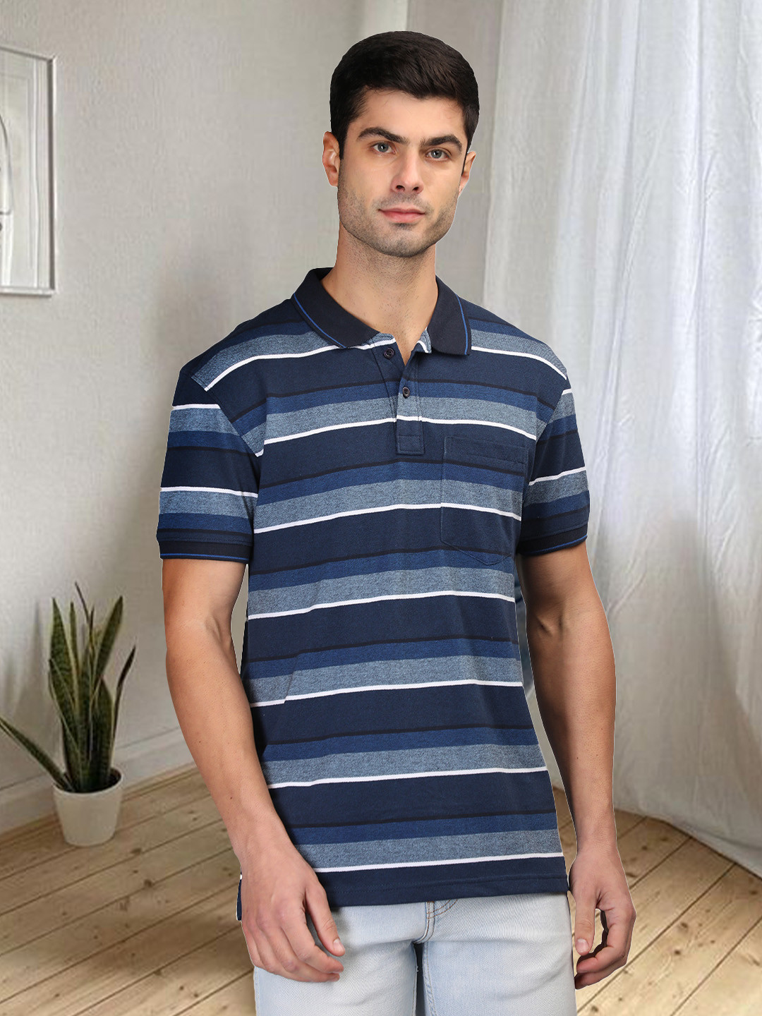 

CHKOKKO Striped Polo Collar Cotton T-shirt, Navy blue