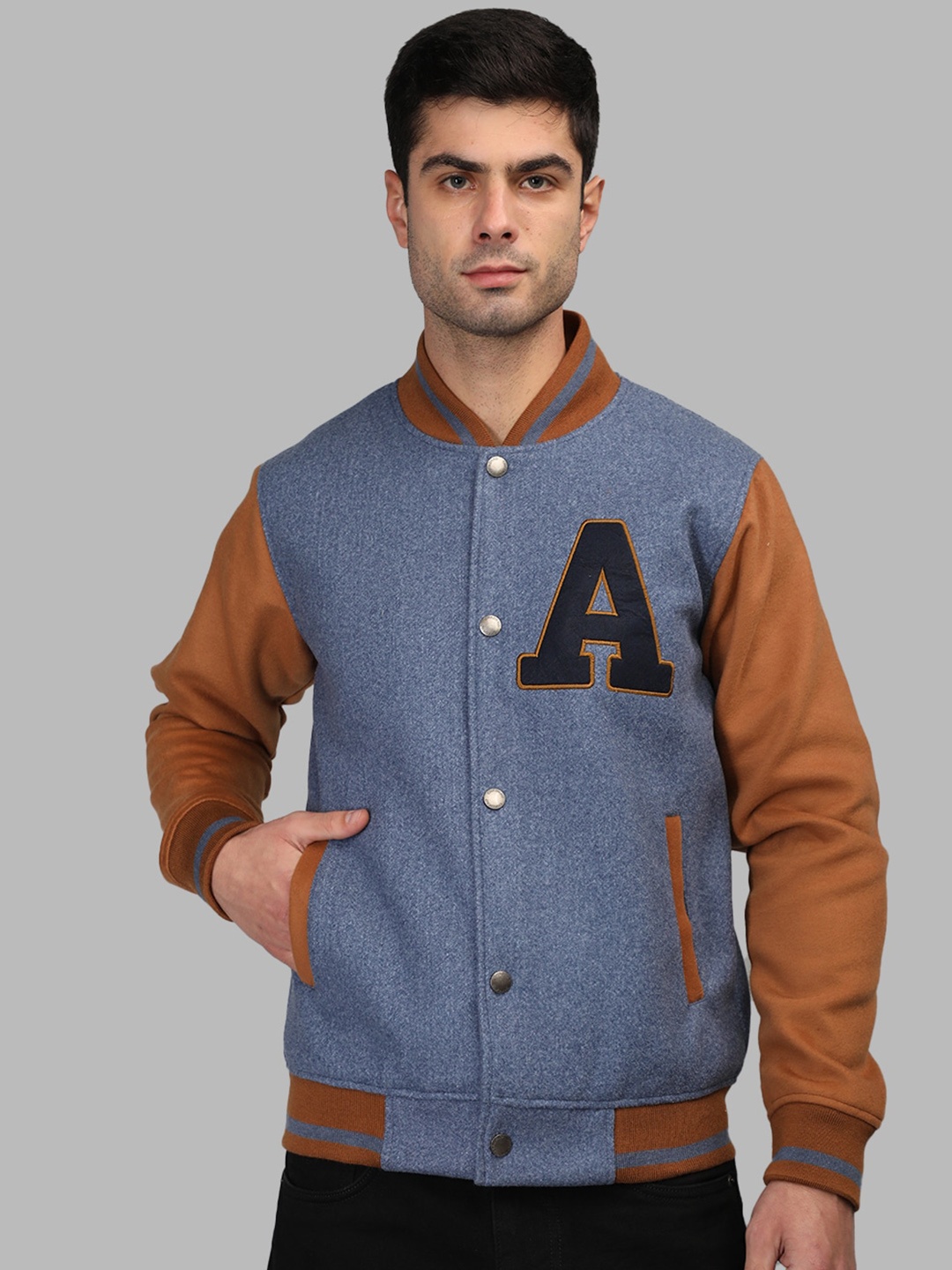 

CHKOKKO Colourblocked Lightweight Cotton Varsity Jacket, Blue