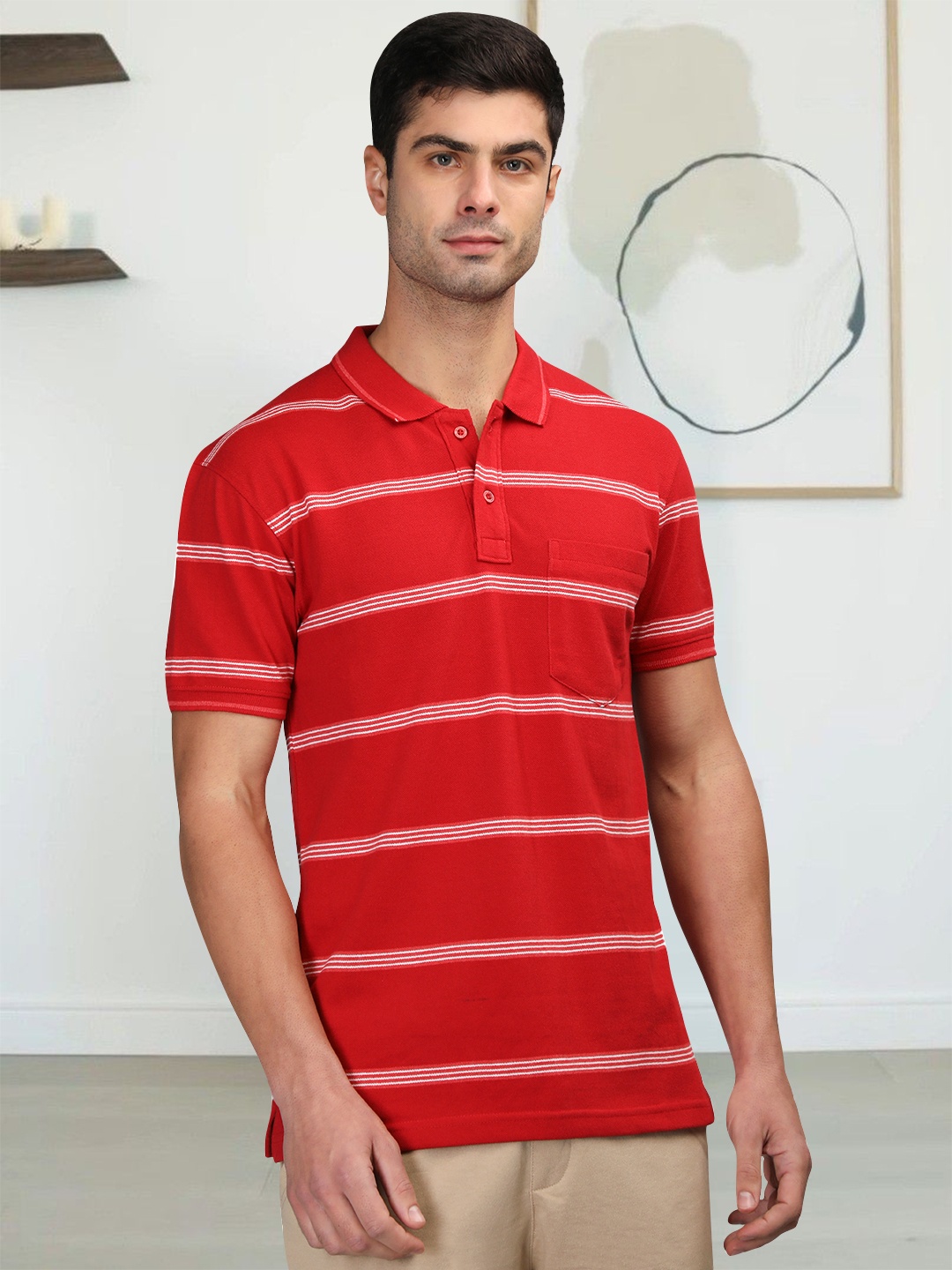 

CHKOKKO Striped Polo Collar Cotton T-shirt, Red